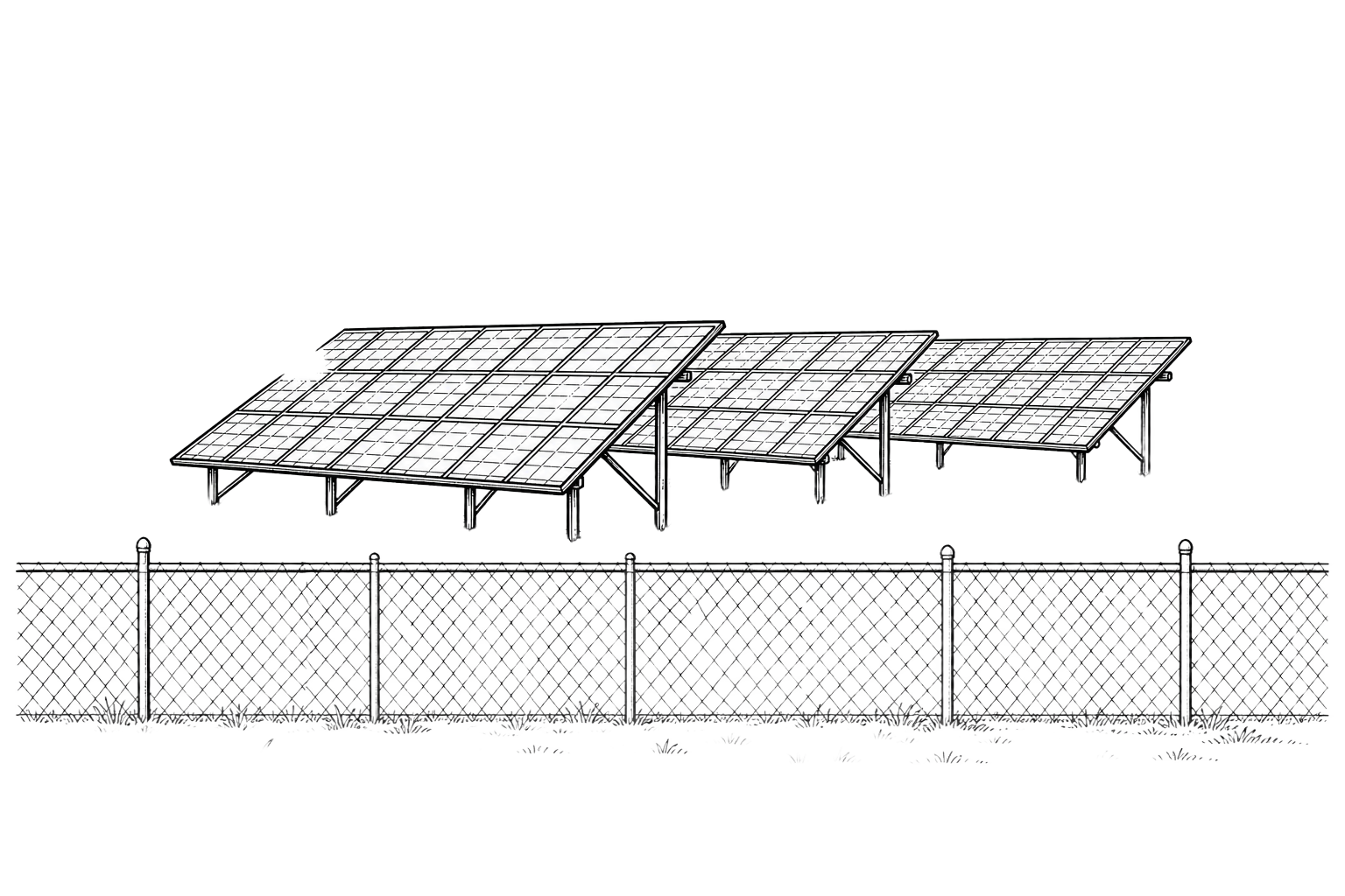 Line drawing of a solar farm — rows of panels behind a perimeter fence