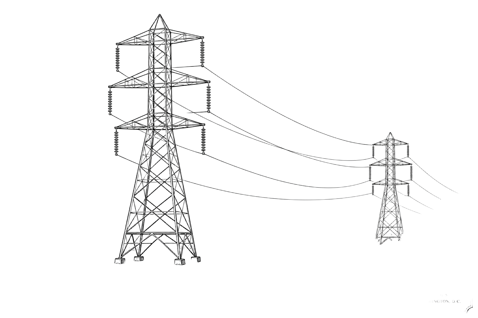 Line drawing of a high-voltage transmission tower with overhead conductors
