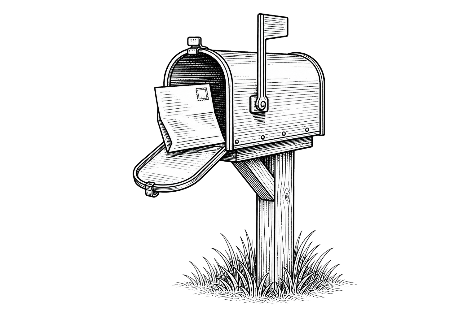 Line drawing of a curbside mailbox holding a folded public notice