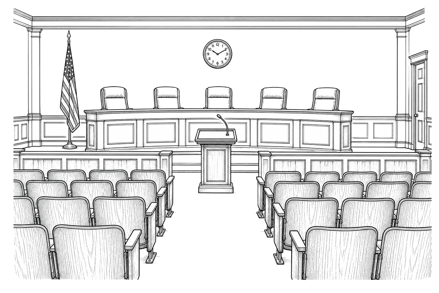 Line drawing of a public hearing room interior with a lectern facing council seats