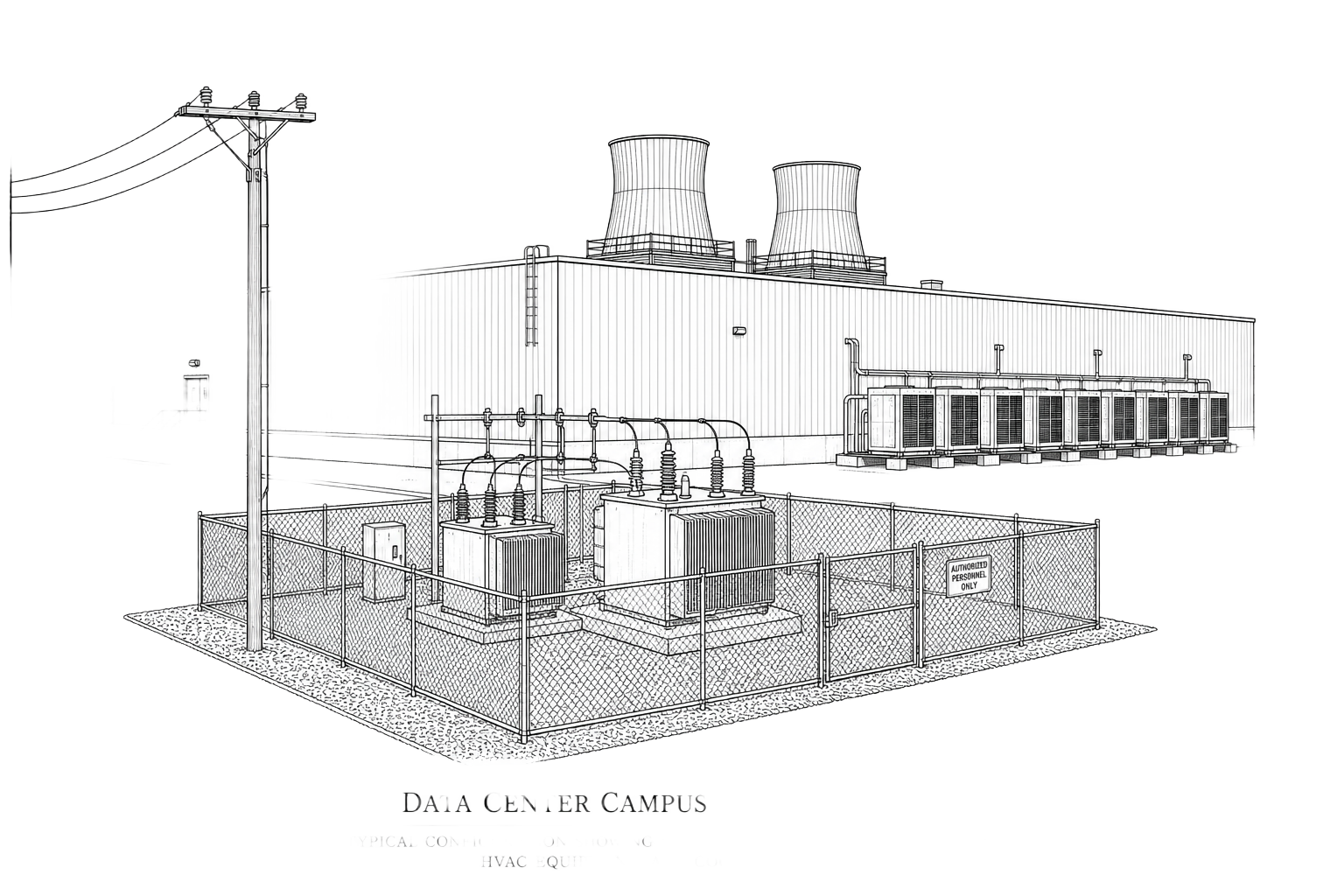 Line drawing of a data center building with cooling towers and transformers